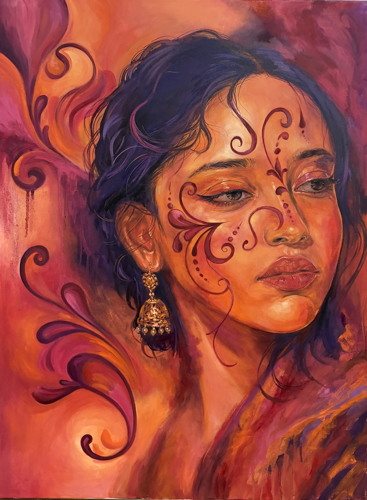 Painting of a woman in warm orange and magenta, with jhumka earrings and ornamental patterns across her face.