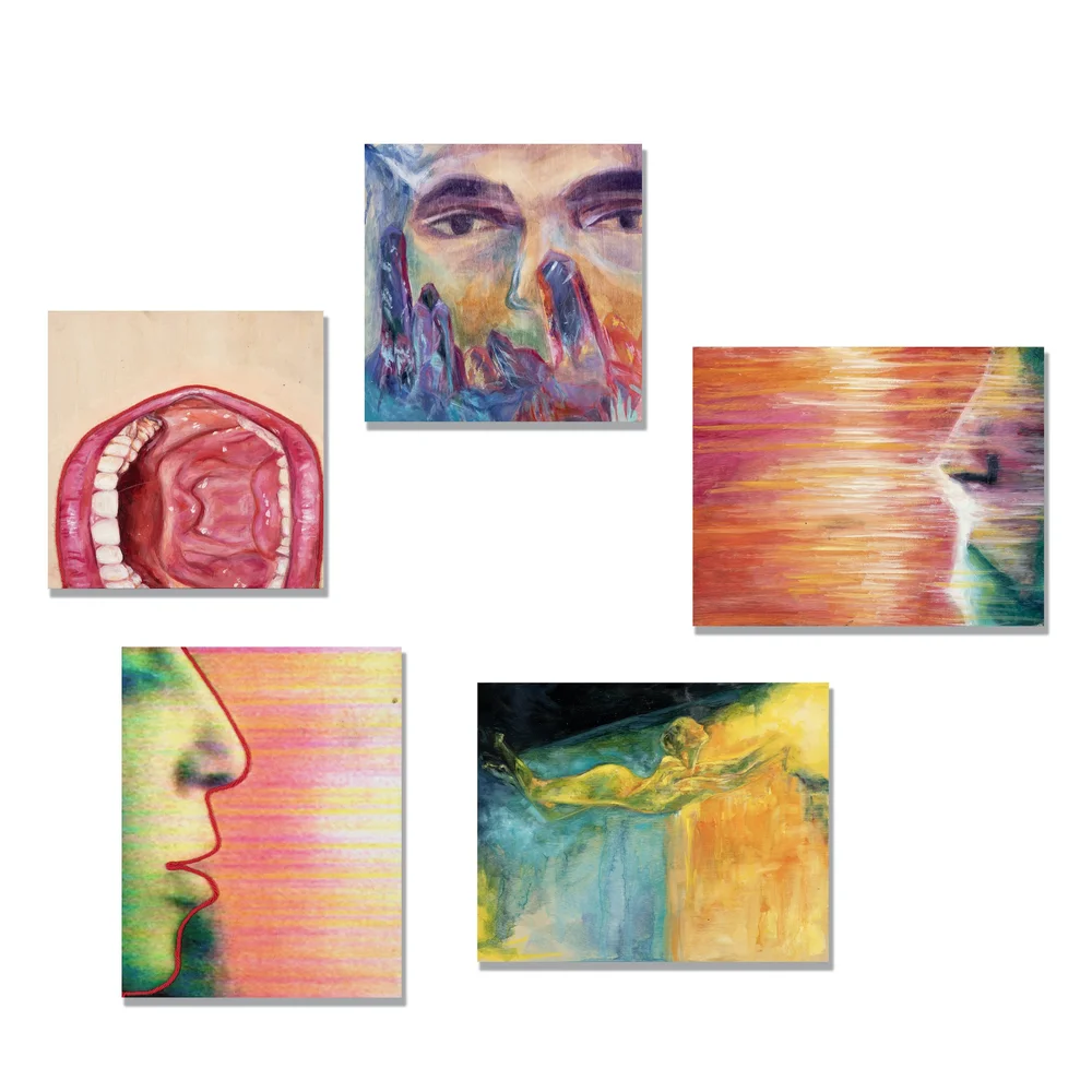 Five smaller paintings arranged together, including profiles, an open mouth, and a floating figure.