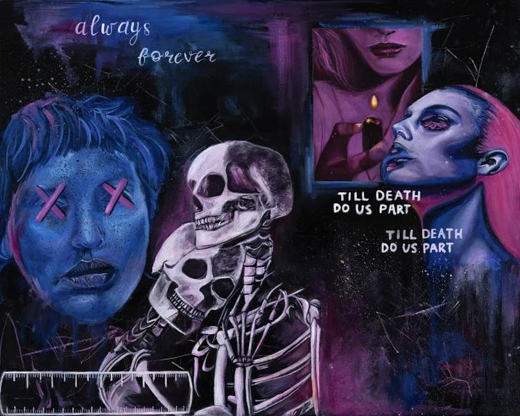 Dark painting with a skeleton, a blue face marked with X's, and the words till death do us part.