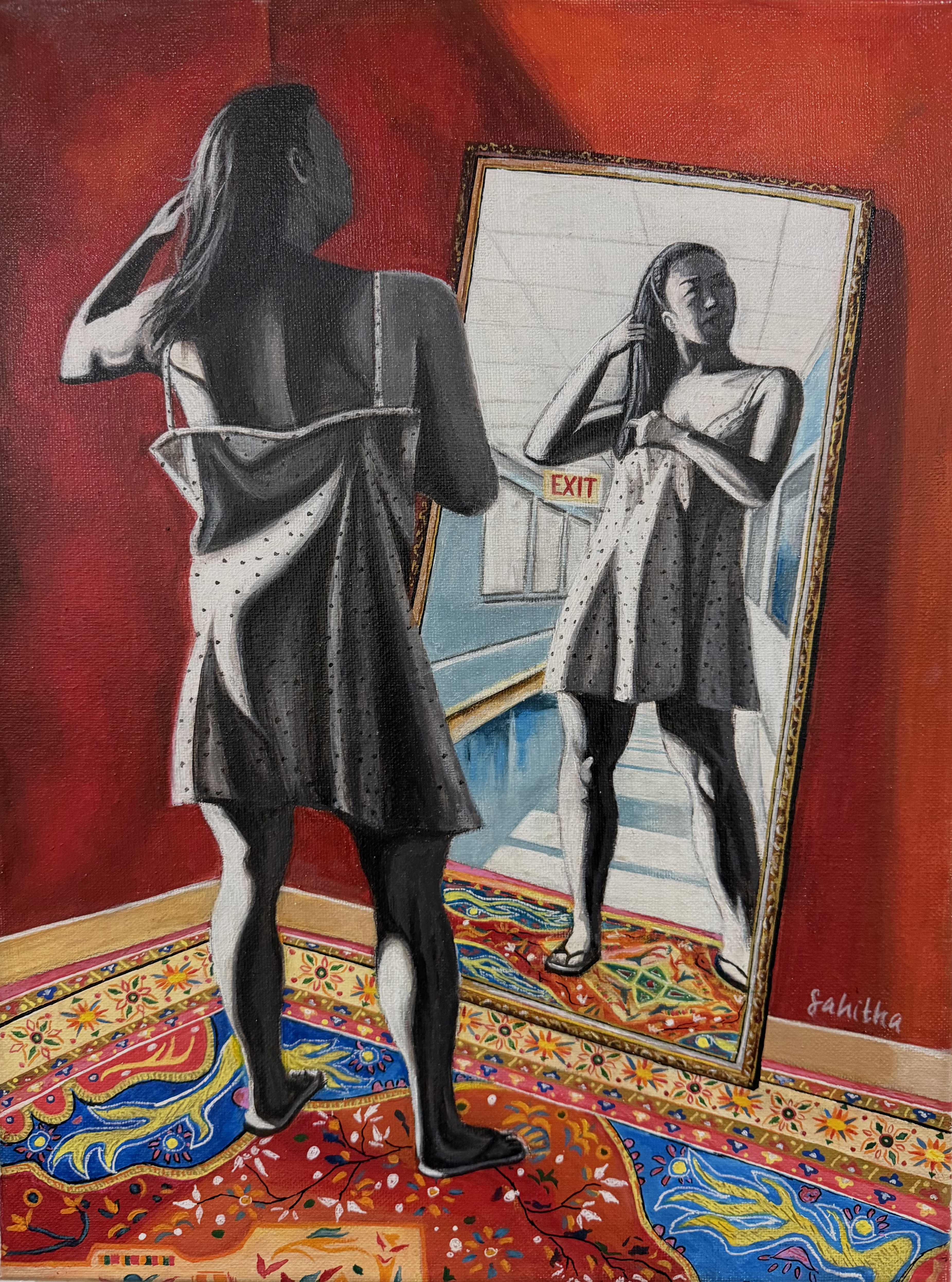 A figure seen from behind, standing on a patterned rug and facing a mirror that shows an exit sign.