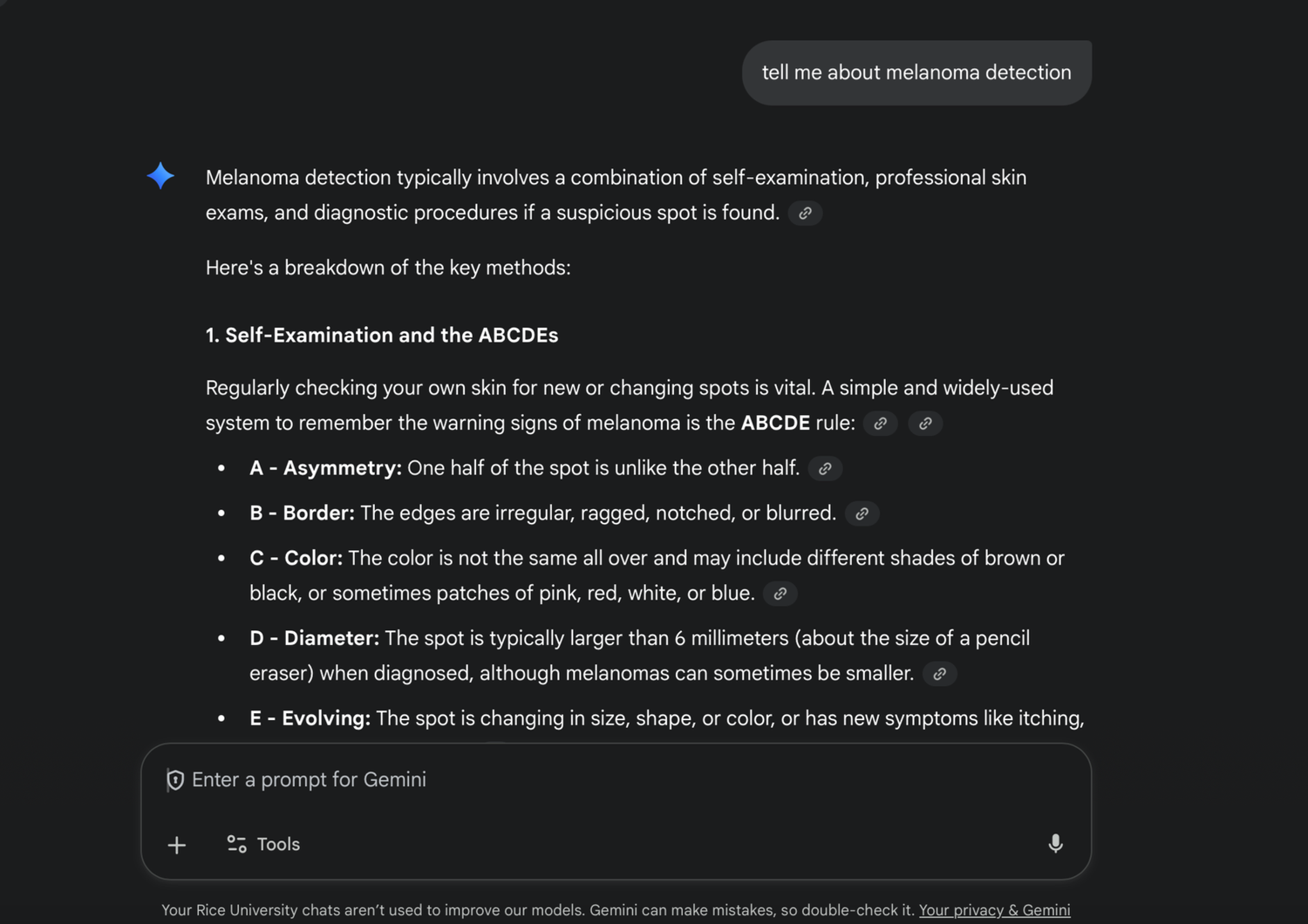 A chat screenshot asking about melanoma detection, from a study of AI information gathering.